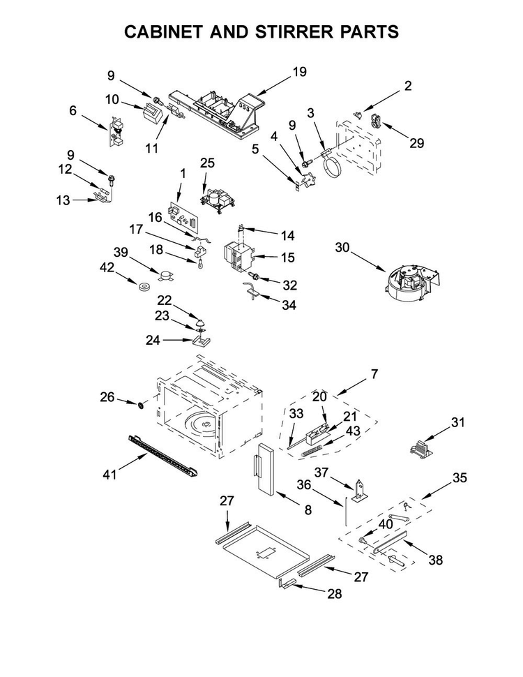 Cabinet And Stirrer Parts Diagram and Parts List for KMBP107EBS01  KitchenAid Microwave