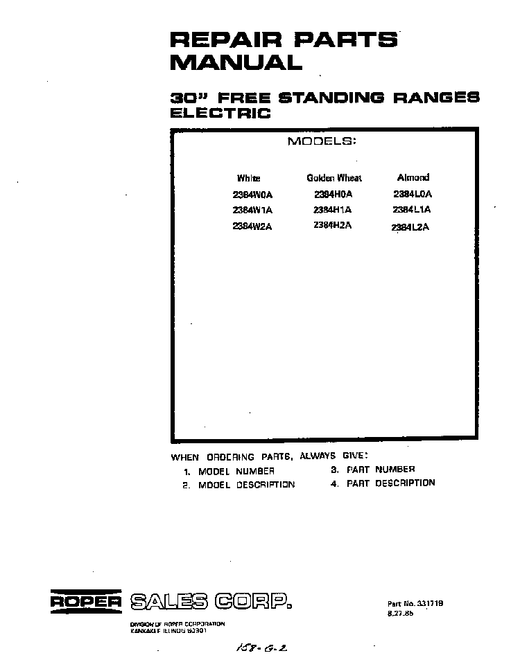 Front Cover Diagram and Parts List for 2384*0A  Roper Range