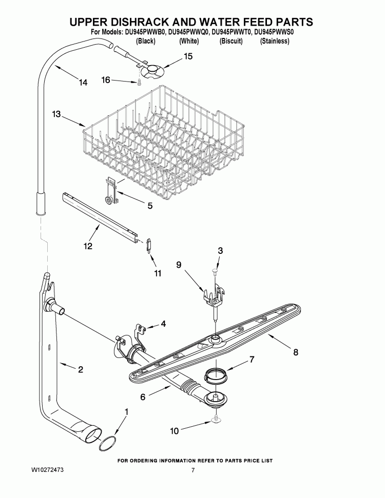 UPPER DISHRACK AND WATER FEED PARTS Diagram and Parts List for DU945PWWQ0  Whirlpool Dishwasher