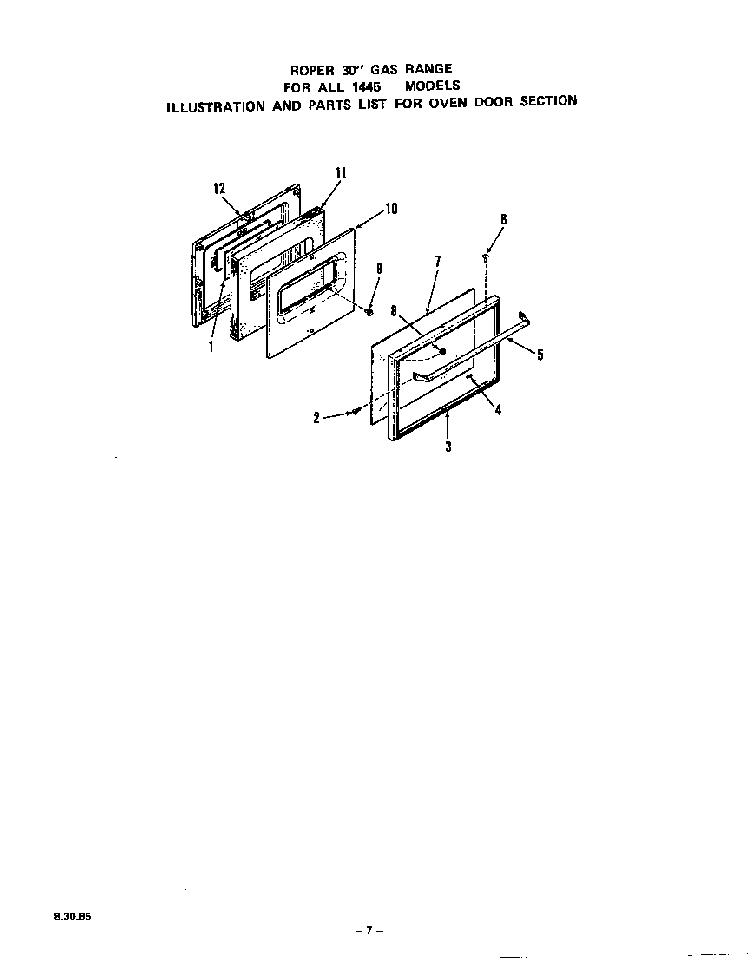 Oven Door Diagram and Parts List for 1445*1A  Roper Range