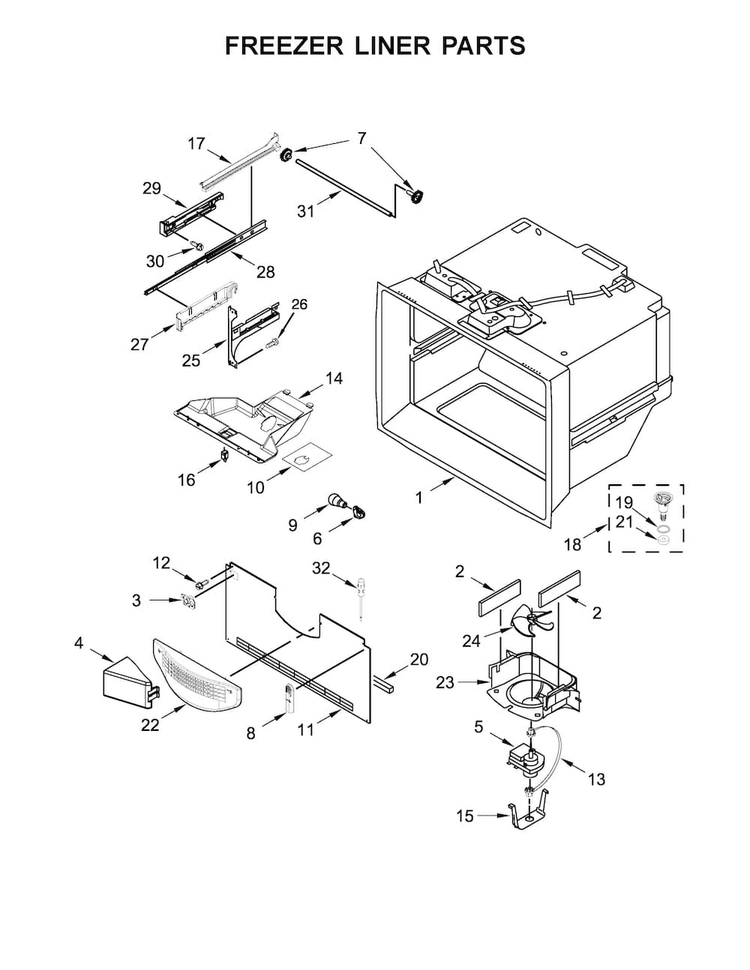 Freezer Liner Parts Diagram and Parts List for WRF535SWBW00  Whirlpool Refrigerator