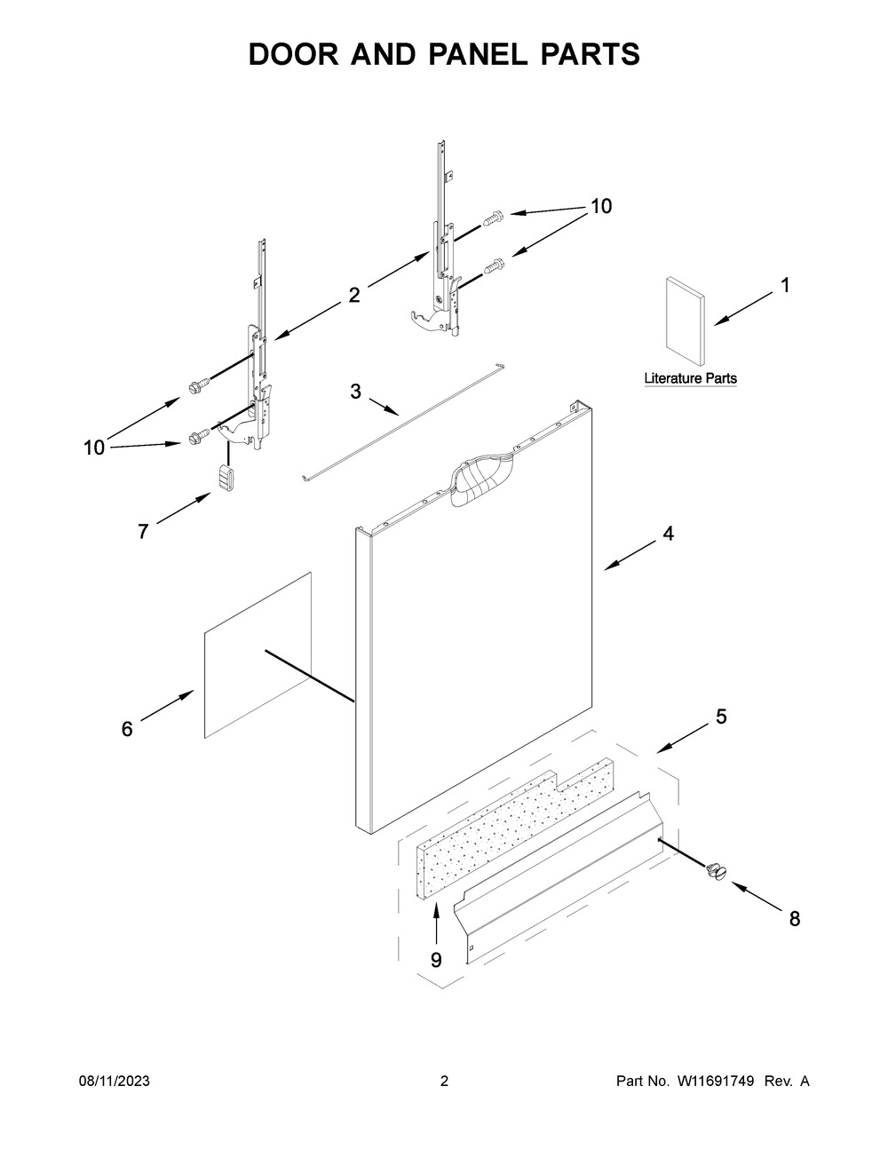 Door And Panel Parts Diagram and Parts List for WDF341PAPT0  Whirlpool Dishwasher