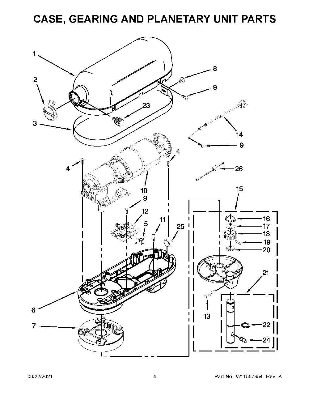 Case, Gearing And Planetary Unit Parts Diagram and Parts List for 5KSM7591XDWH0  KitchenAid Mixer