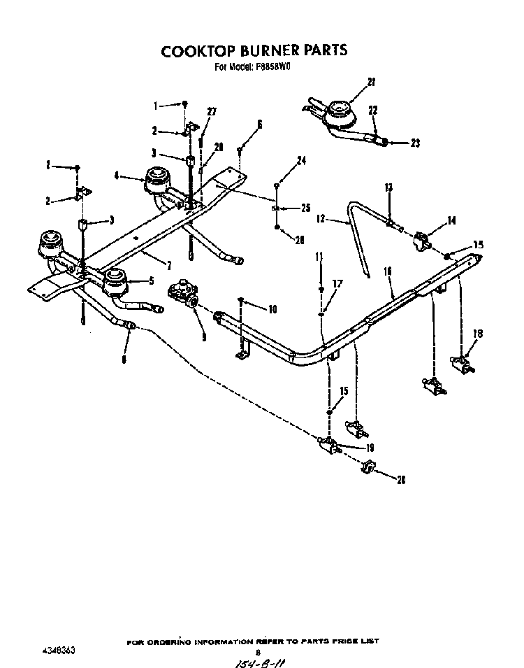 Cook Top Burner Diagram and Parts List for F8858*0  Roper Range
