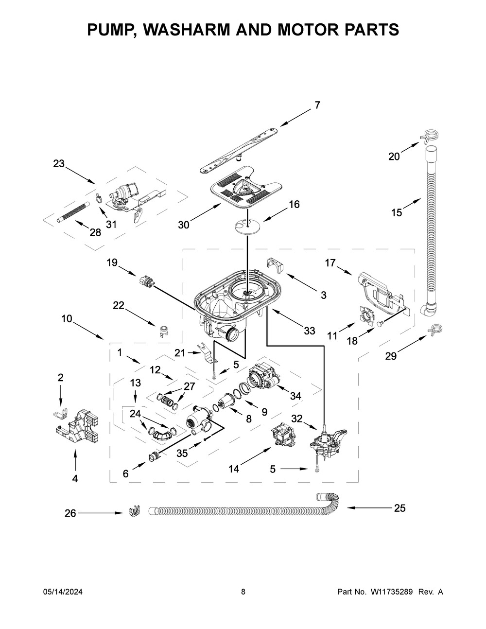 Pump, Washarm And Motor Parts Diagram and Parts List for KDTM604KBS3  KitchenAid Dishwasher