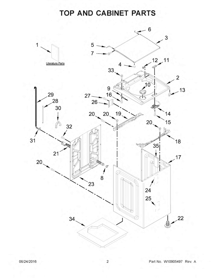 Top And Cabinet Parts Diagram and Parts List for 11029133411  Kenmore Washer