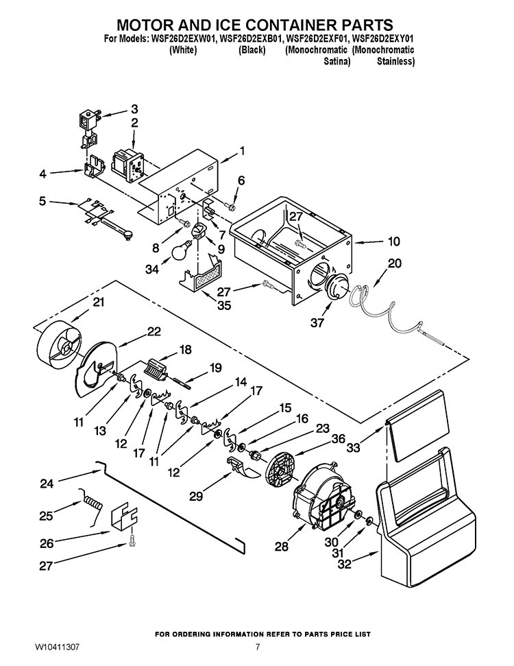 MOTOR AND ICE CONTAINER PARTS Diagram and Parts List for WSF26D2EXW01  Whirlpool Refrigerator