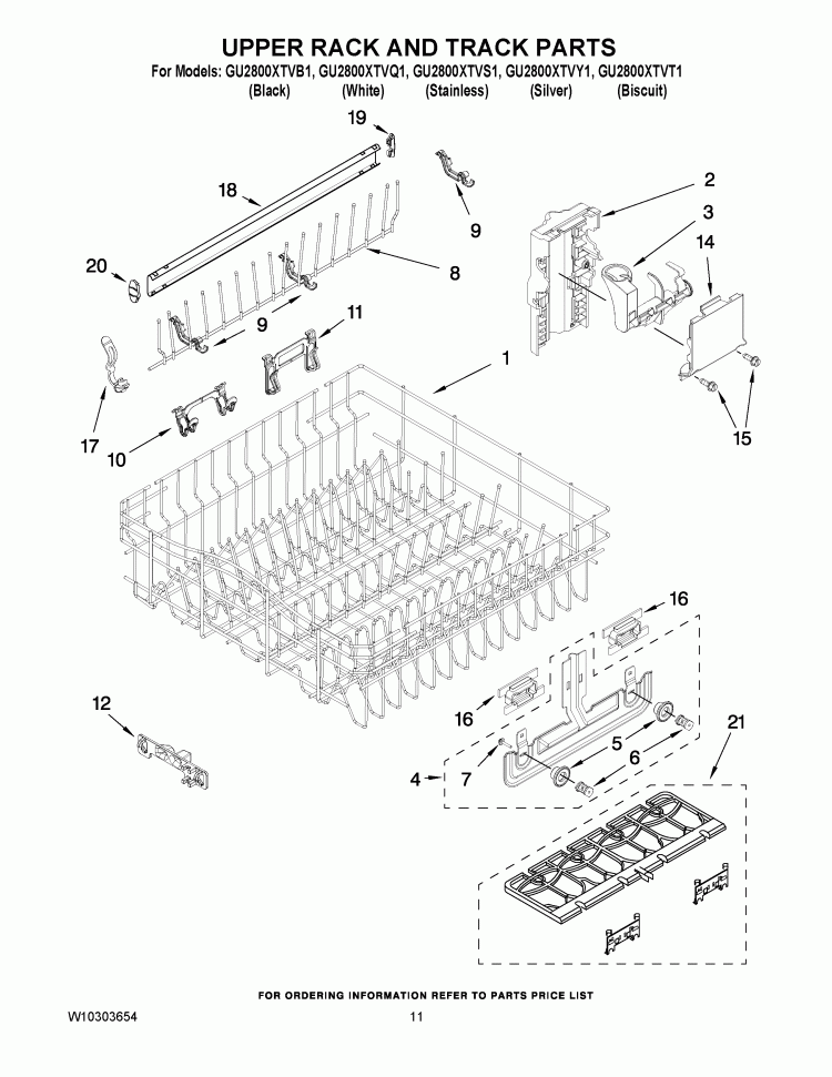 UPPER RACK AND TRACK PARTS Diagram and Parts List for GU2800XTVB1  Whirlpool Dishwasher