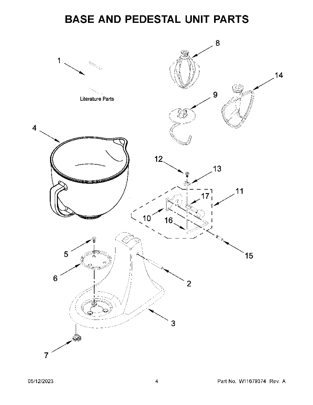 Base And Pedestal Unit Parts Diagram and Parts List for KSM155GBCA5  KitchenAid Mixer