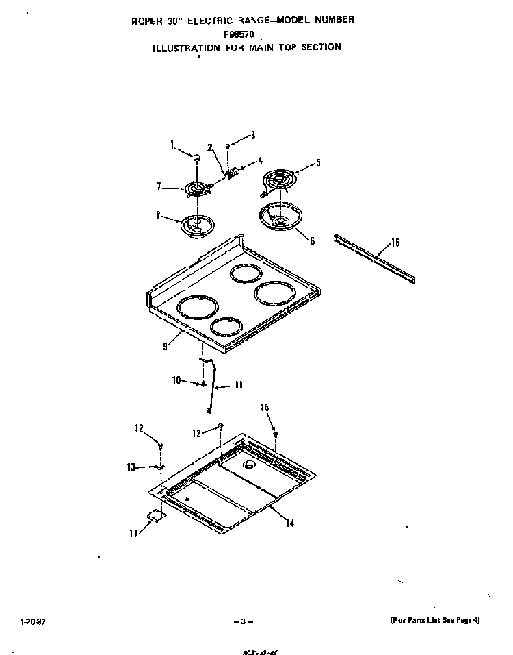 Main Top Diagram and Parts List for F9857*0  Roper Range