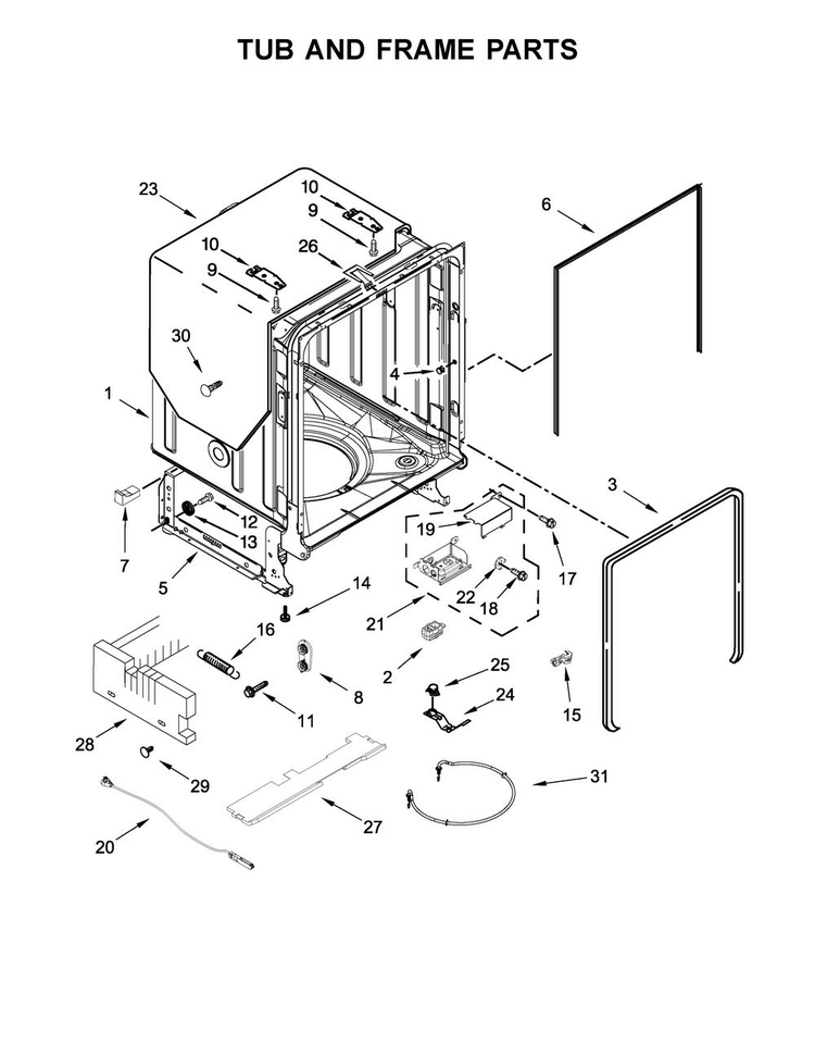 Tub And Frame Parts Diagram and Parts List for WDT995SAFM0  Whirlpool Dishwasher