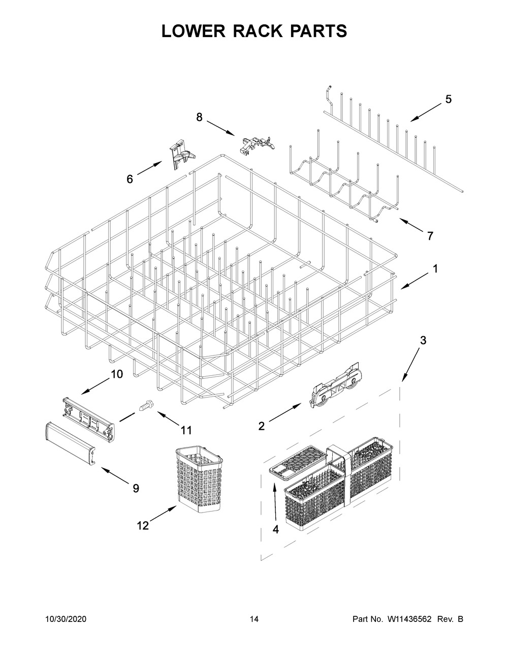 Lower Rack Parts Diagram and Parts List for KDTM704KPS0  Whirlpool Dishwasher