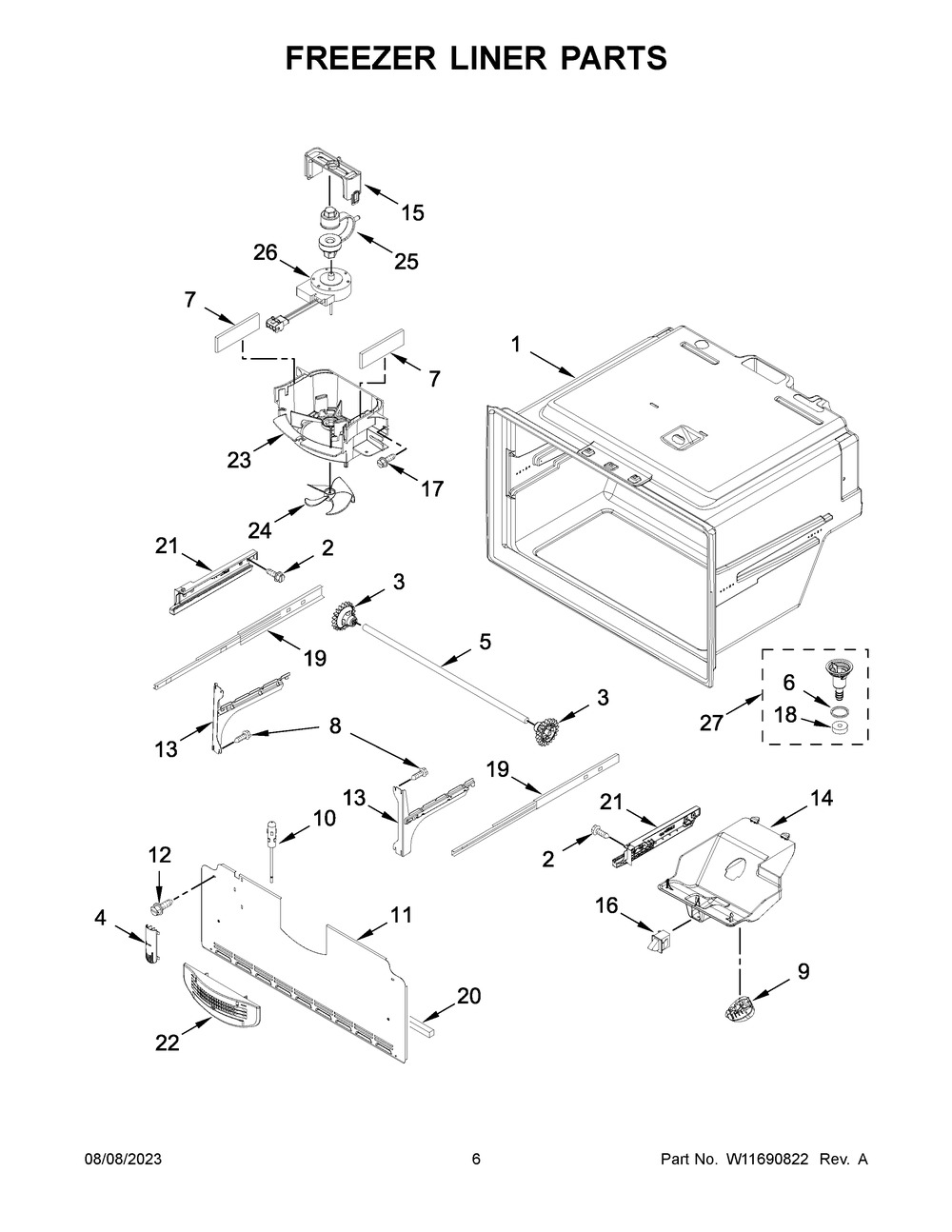 Freezer Liner Parts Diagram and Parts List for WRF555SDFZ17  Whirlpool Refrigerator
