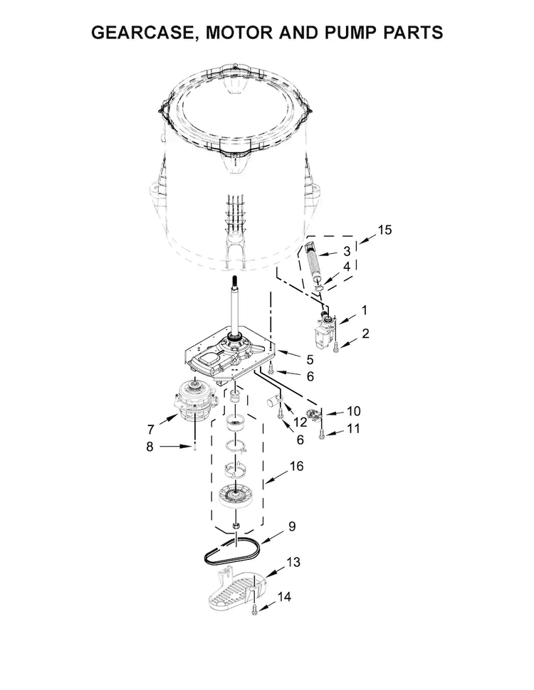 Gearcase, Motor And Pump Parts Diagram and Parts List for WTW4616FW1  Whirlpool Washer