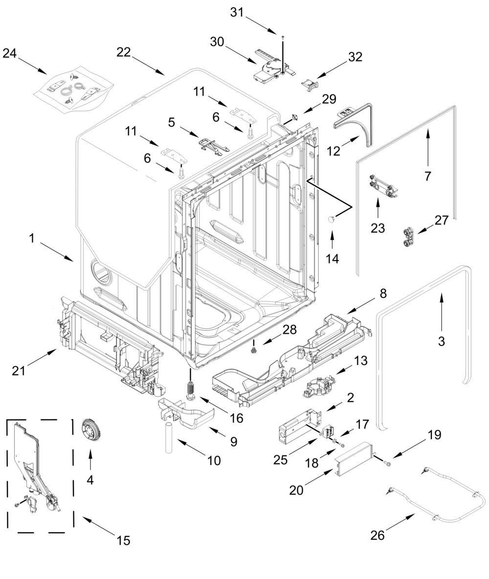Tub And Frame Parts Diagram and Parts List for MDPS7024SW0 MDPS7024SZ0-MDPS7024SB0 Whirlpool Dishwasher