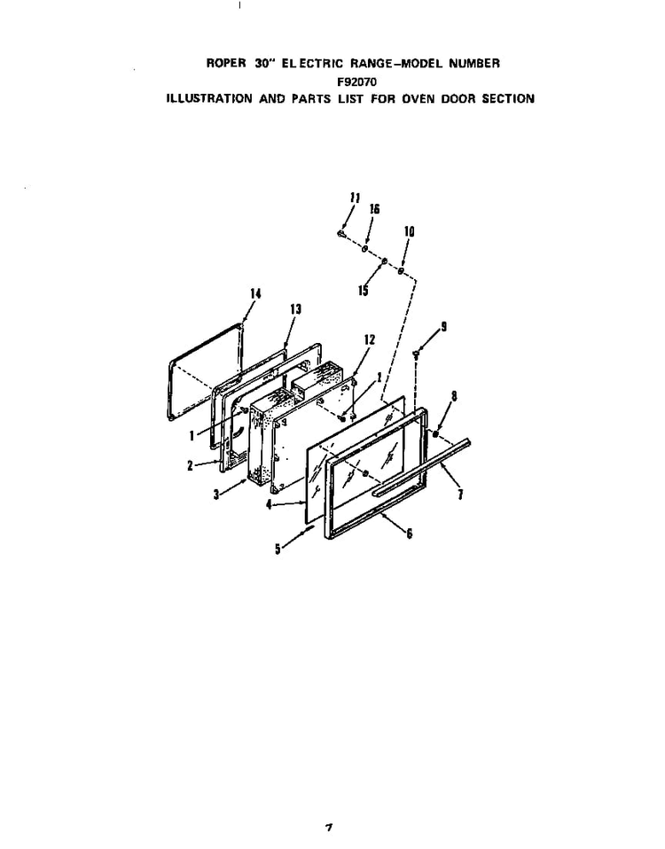 Oven Door Diagram and Parts List for F9027*0  Roper Range