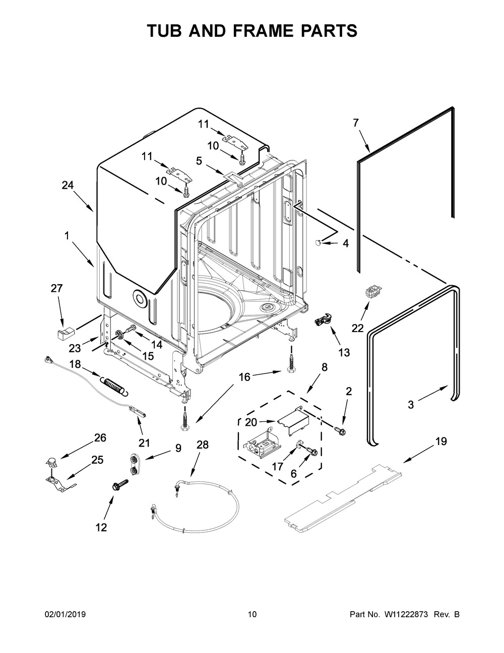 Tub And Frame Parts Diagram and Parts List for KDFE104HPS0  Whirlpool Dishwasher