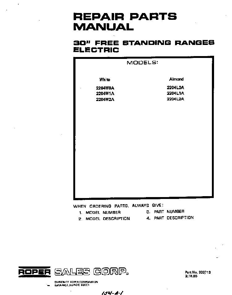 Front Cover Diagram and Parts List for 2204*1A  Roper Range