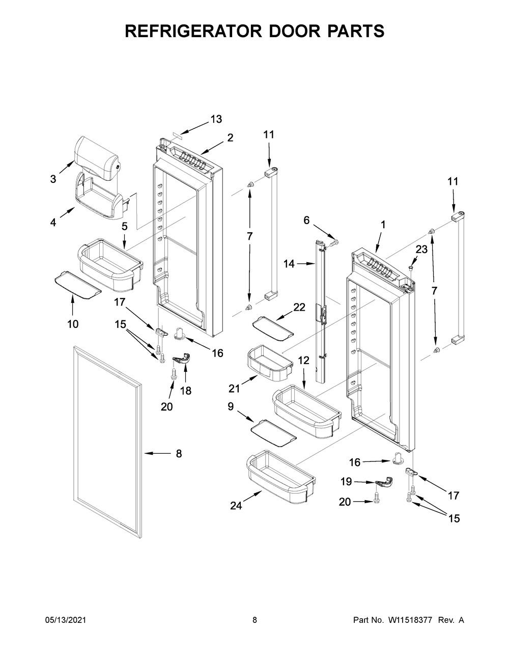 Refrigerator Door Parts Diagram and Parts List for KRFF302EWH04  Whirlpool Refrigerator