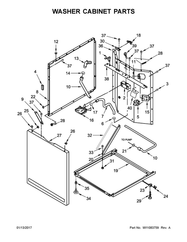Washer Cabinet Parts Diagram and Parts List for WGT4027EW1  Whirlpool Washer Dryer Combo