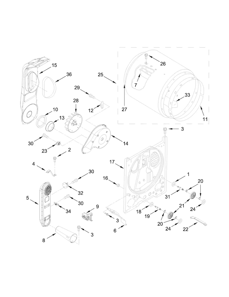 Bulkhead Parts Diagram and Parts List for 1107012511  Kenmore Dryer