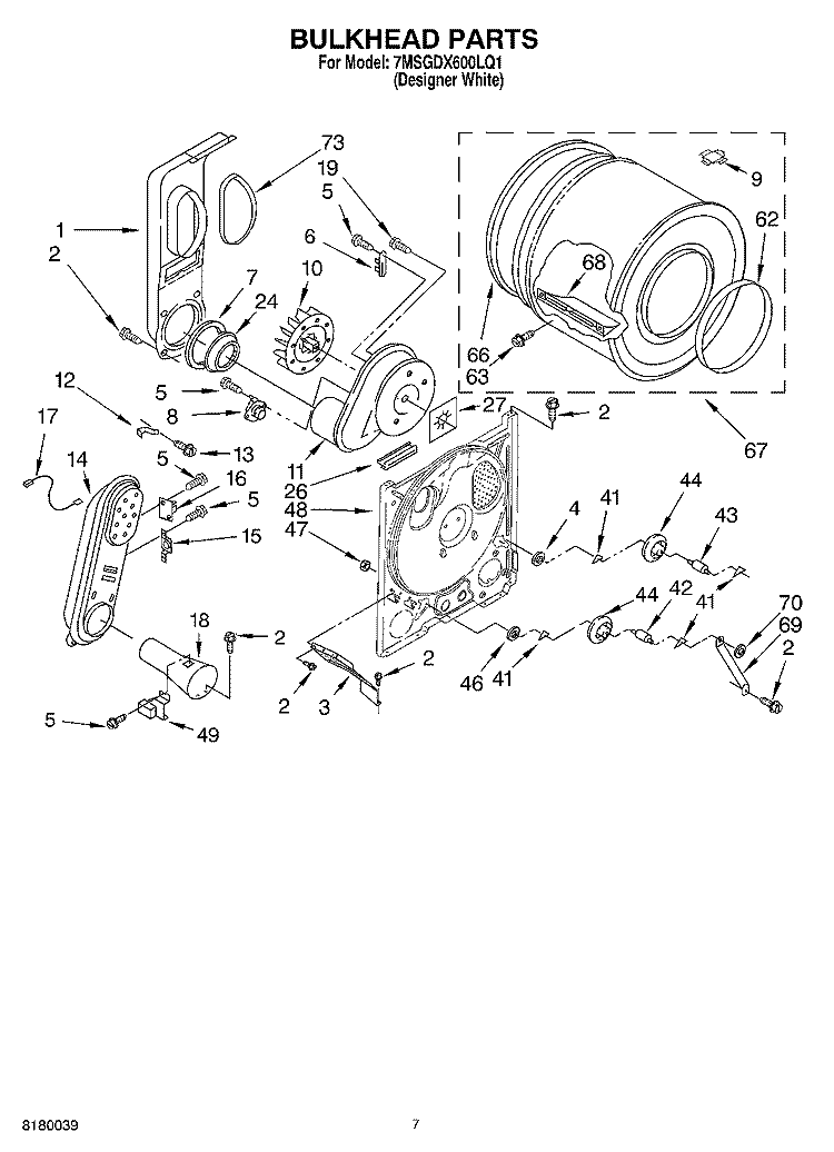 BULKHEAD PARTS Diagram and Parts List for 7MSGDX600LQ1  Whirlpool Dryer