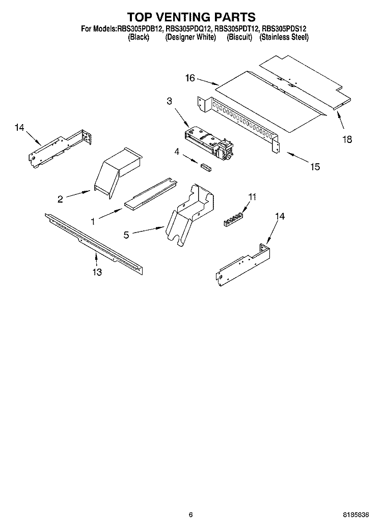 TOP VENTING Diagram and Parts List for RBS305PDB12  Whirlpool Wall Oven