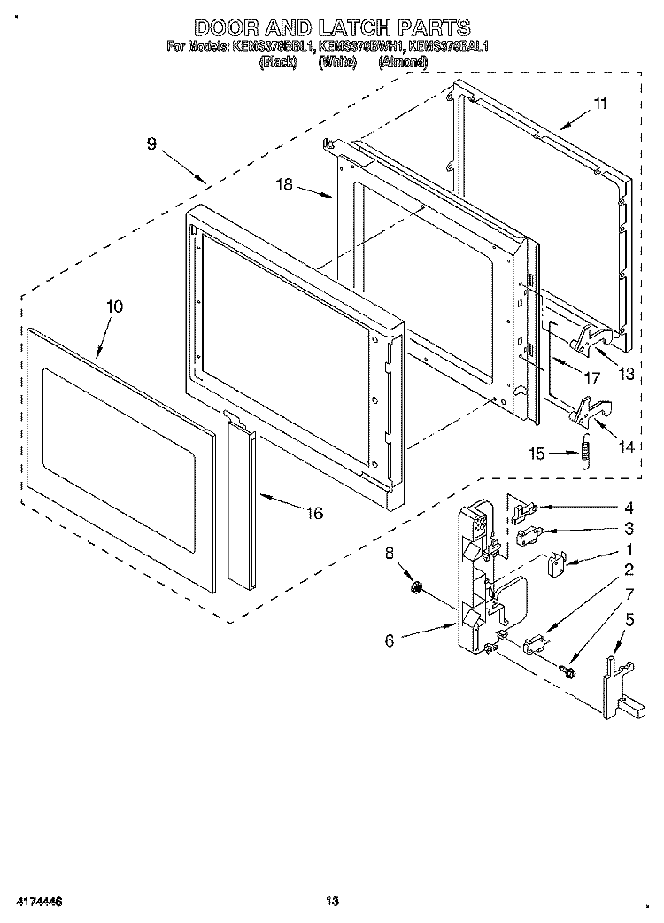 DOOR AND LATCH Diagram and Parts List for KEMS378BWH1  KitchenAid Wall Oven