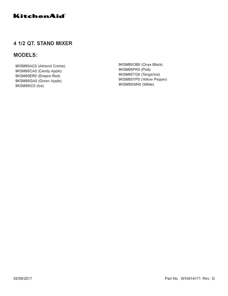Cover Sheet Diagram and Parts List for 9KSM95ER0  KitchenAid Mixer