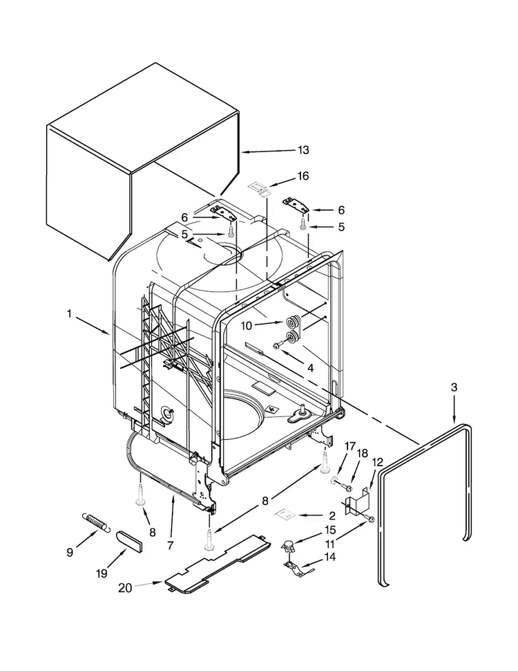 Tub And Frame Parts Diagram and Parts List for WDF320PADD0  Whirlpool Dishwasher