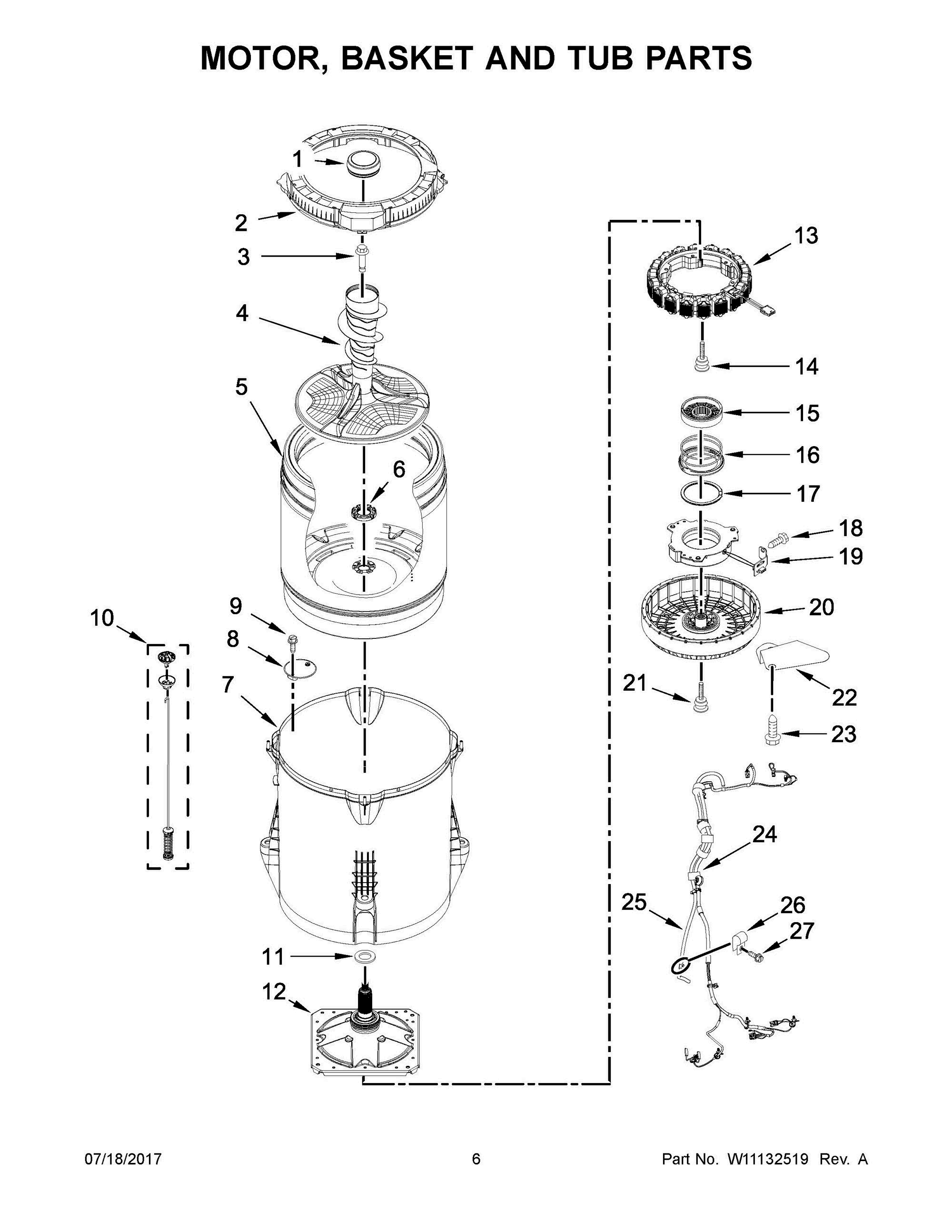 04 - MOTOR, BASKET AND TUB PARTS Diagram and Parts List for MVWB766FW1  Whirlpool Washer