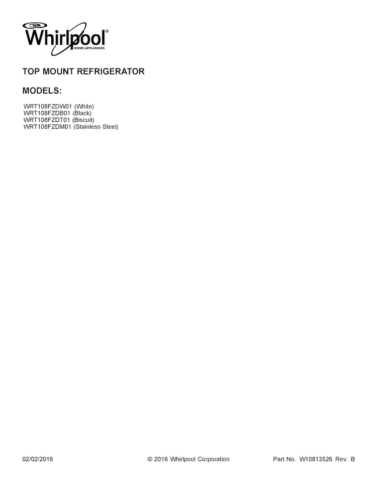 Cover Sheet Diagram and Parts List for WRT108FZDB01  Whirlpool Refrigerator