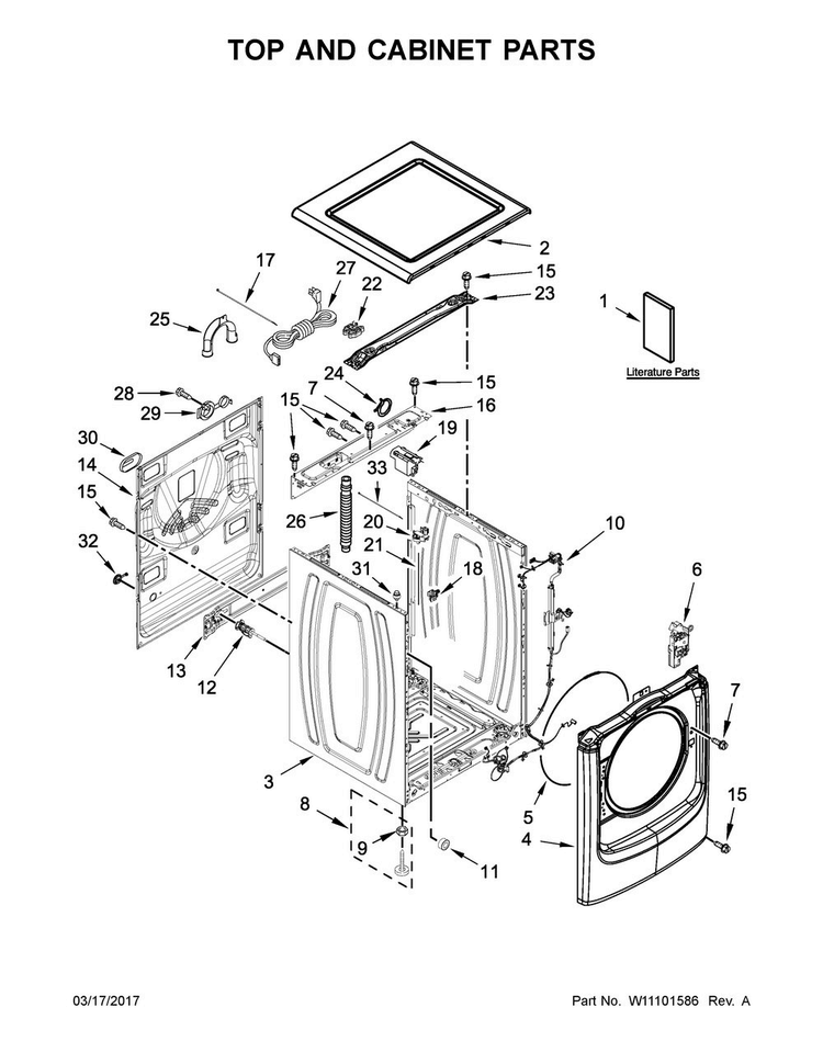Top And Cabinet Parts Diagram and Parts List for 7MWFW75HEFW1  Whirlpool Washer