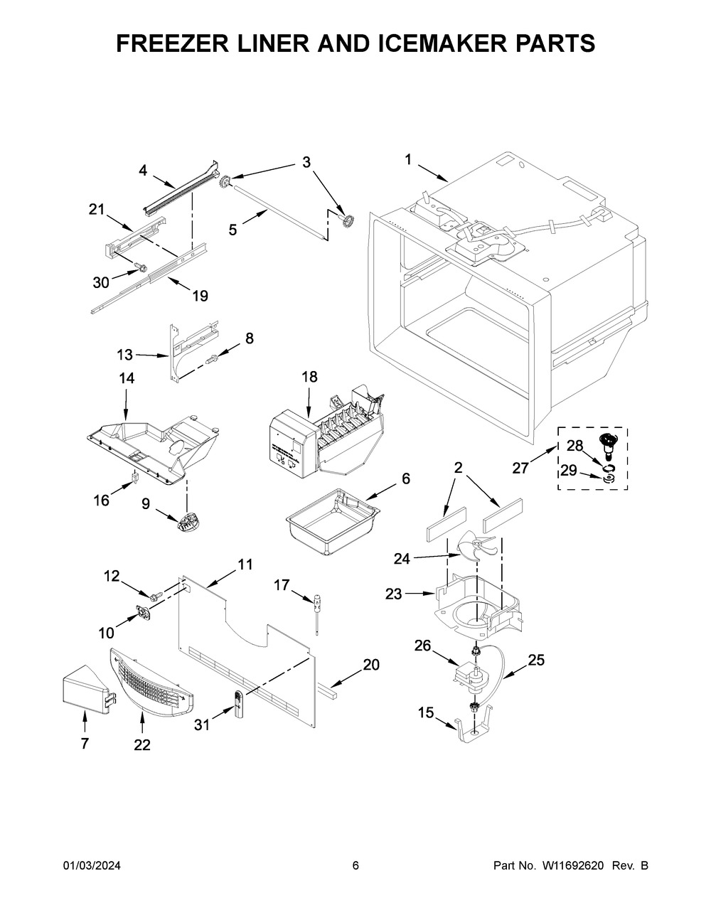 Freezer Liner And Icemaker Parts Diagram and Parts List for WRF540CWHZ11  Whirlpool Refrigerator