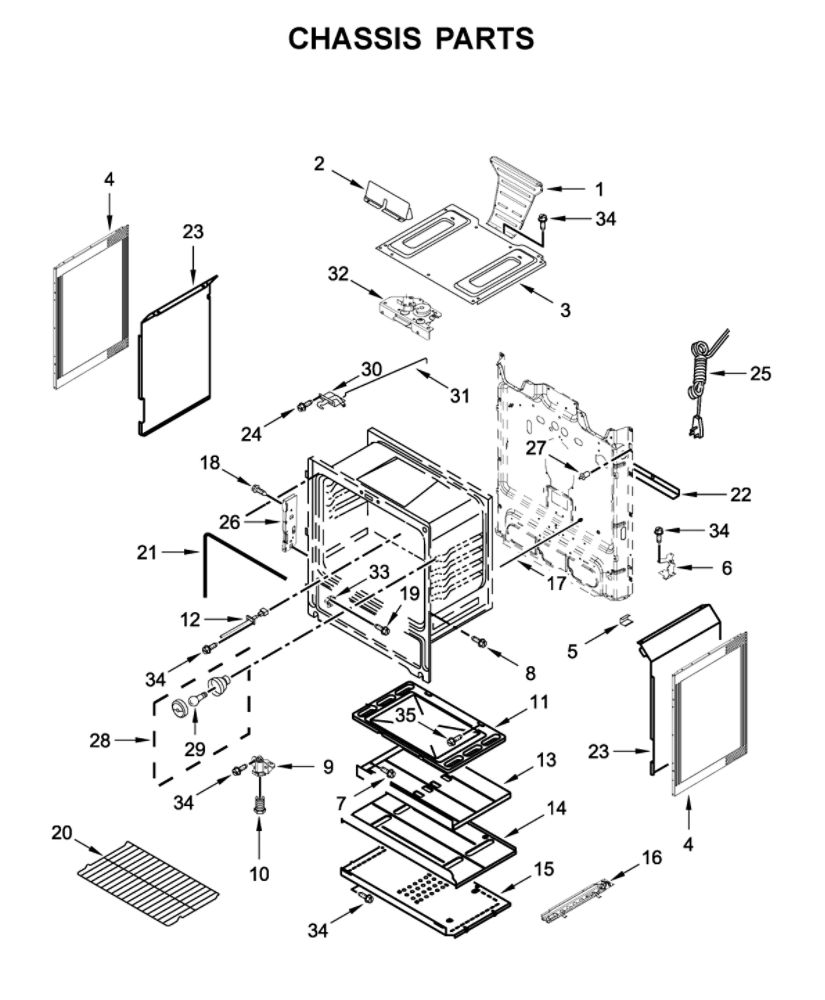 Chassis Parts Diagram and Parts List for WFG515S0JW1  Whirlpool Range