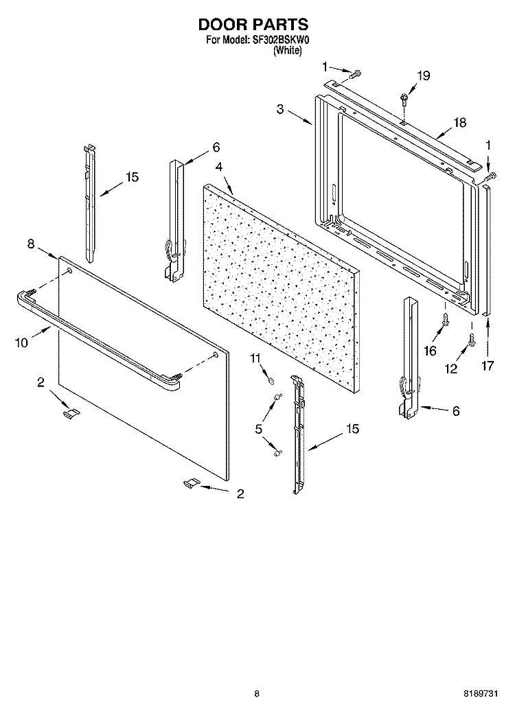 DOOR, OPTIONAL Diagram and Parts List for SF302BSKW0  Whirlpool Range