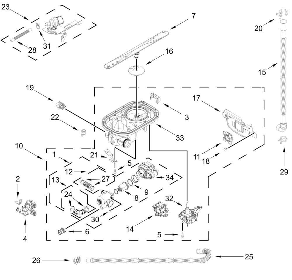 Pump, Washarm And Motor Parts Diagram and Parts List for KDPS624SPS0  Whirlpool Dishwasher