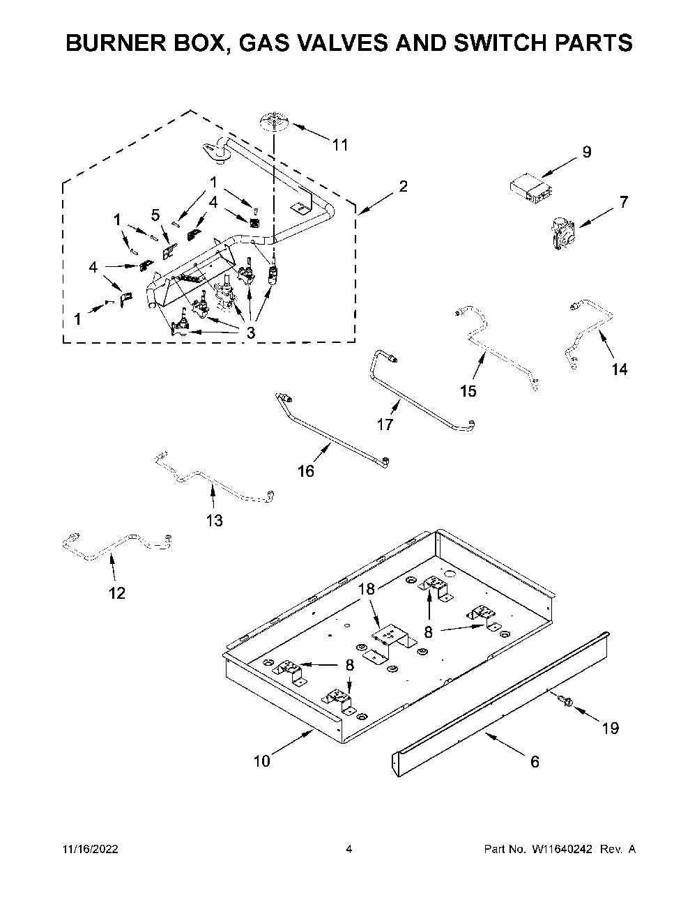 Burner Box, Gas Valves And Switch Parts Diagram and Parts List for KCGS356ESS05  KitchenAid Cooktop