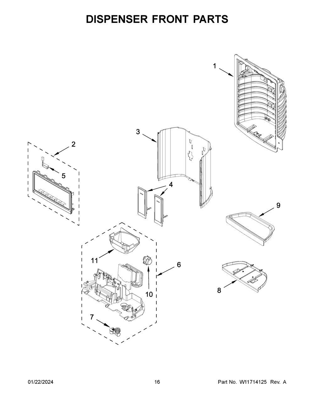 Dispenser Front Parts Diagram and Parts List for WRF555SDHV10  Whirlpool Refrigerator