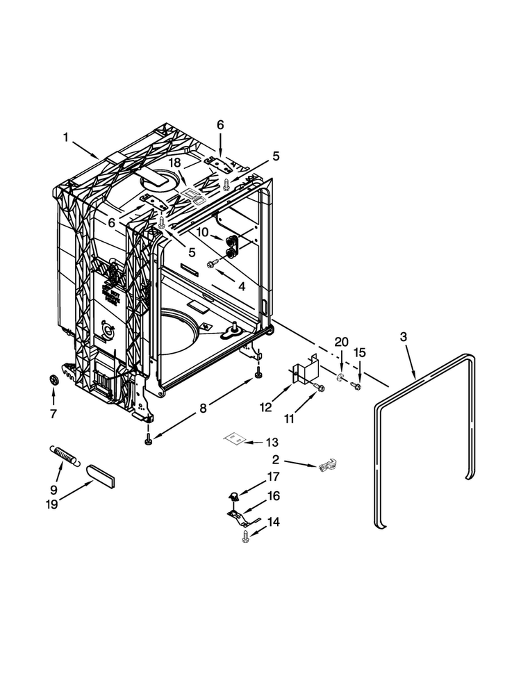 Tub And Frame Parts Diagram and Parts List for DU1015XTXT2  Whirlpool Dishwasher