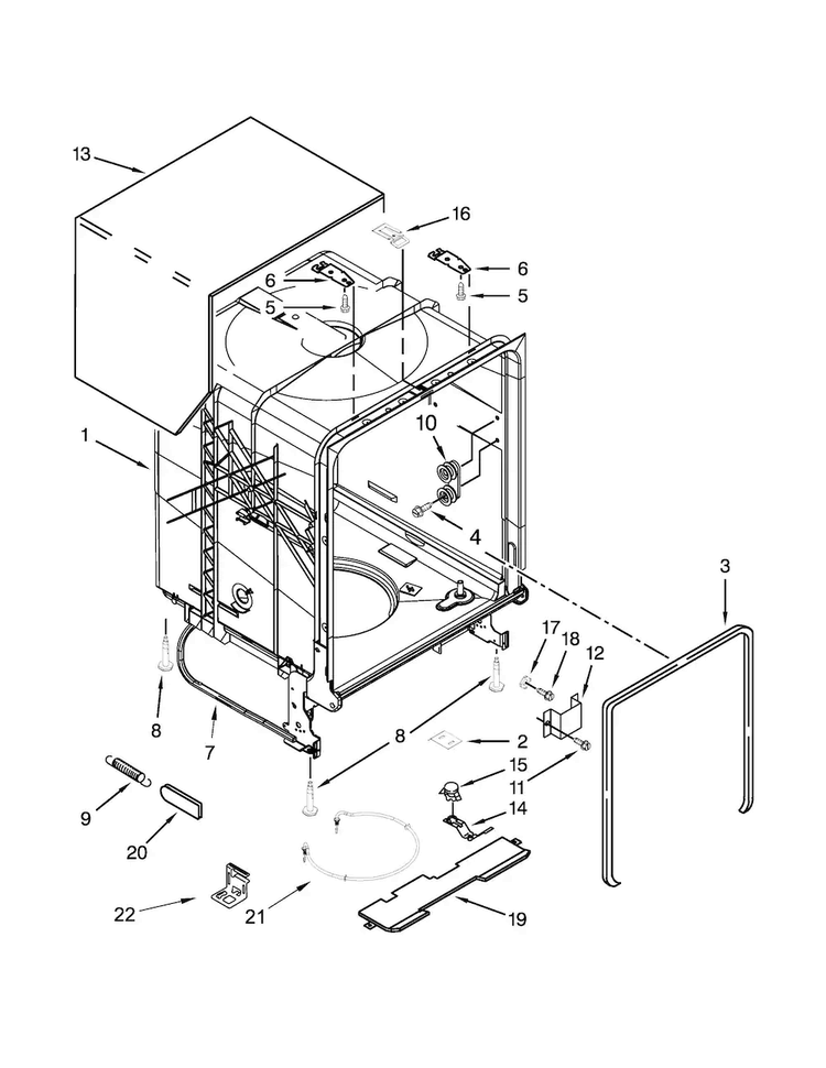 Tub And Frame Parts Diagram and Parts List for WDT720PADB0  Whirlpool Dishwasher