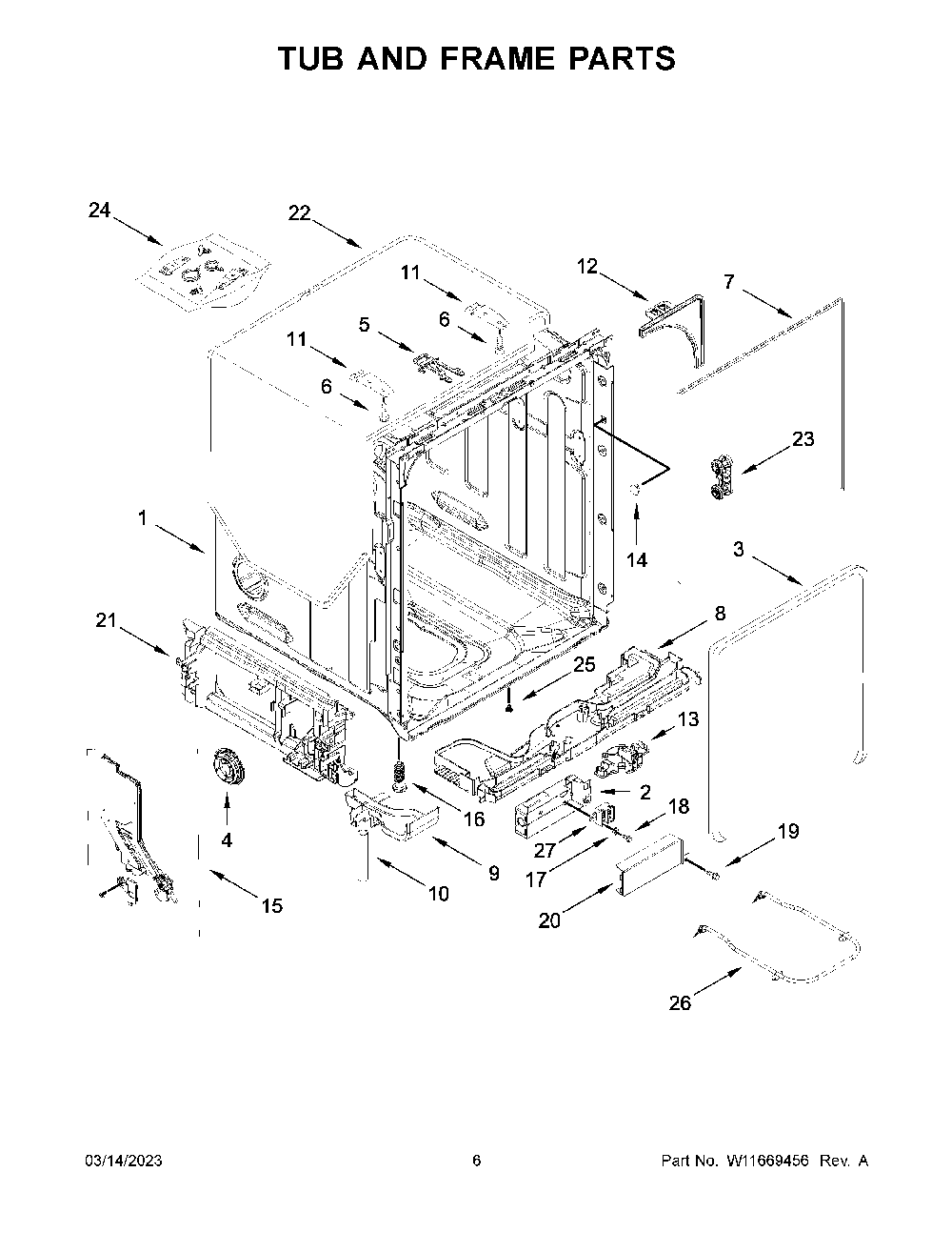 Tub And Frame Parts Diagram and Parts List for KDFE104KPS1  KitchenAid Dishwasher
