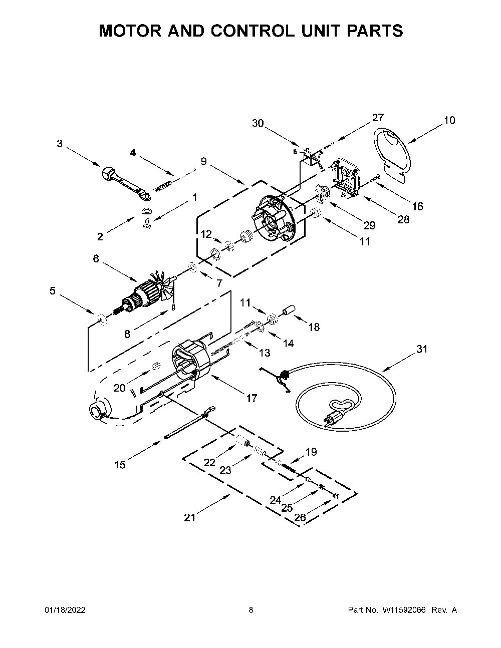 Motor And Control Unit Parts Diagram and Parts List for 5KSM130WER0  KitchenAid Mixer