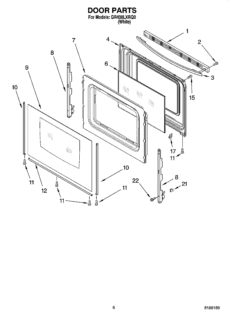 DOOR PARTS, OPTIONAL PARTS Diagram and Parts List for GR438LXRQ0  Whirlpool Range
