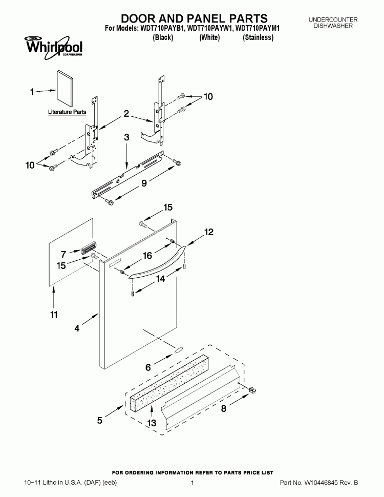 DOOR AND PANEL PARTS Diagram and Parts List for WDT710PAYW1  Whirlpool Dishwasher