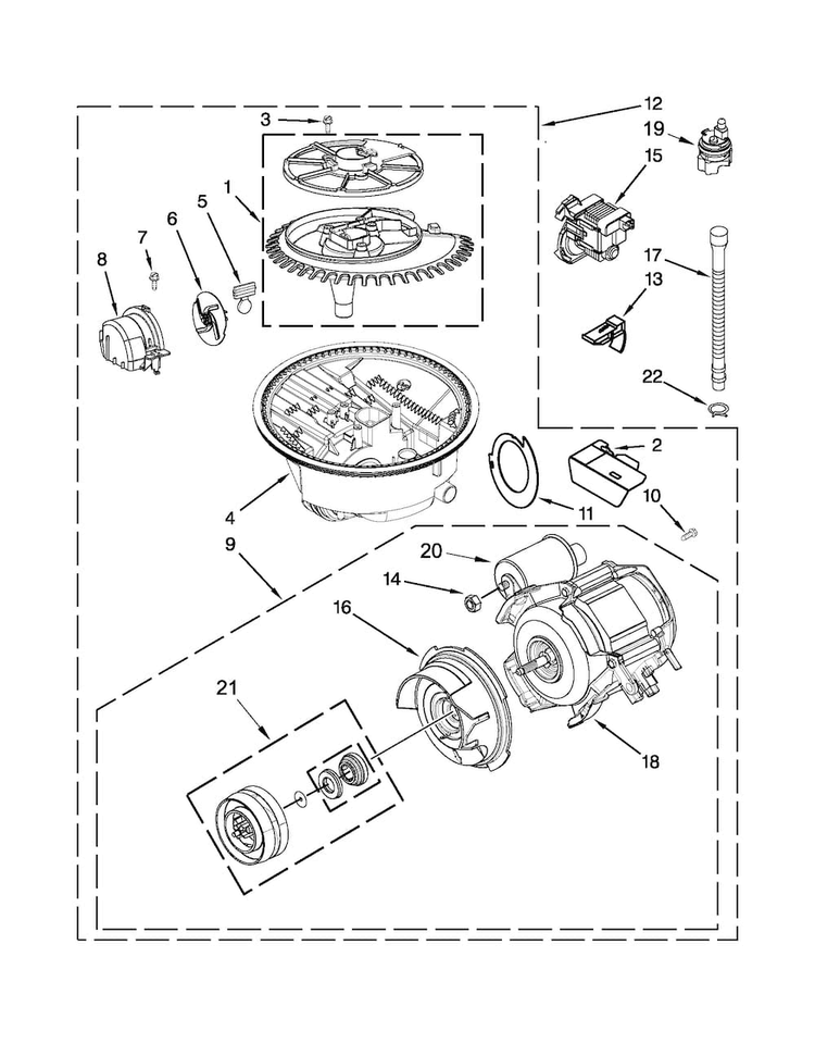 Pump And Motor Parts Diagram and Parts List for KUDC10FXBL7  KitchenAid Dishwasher