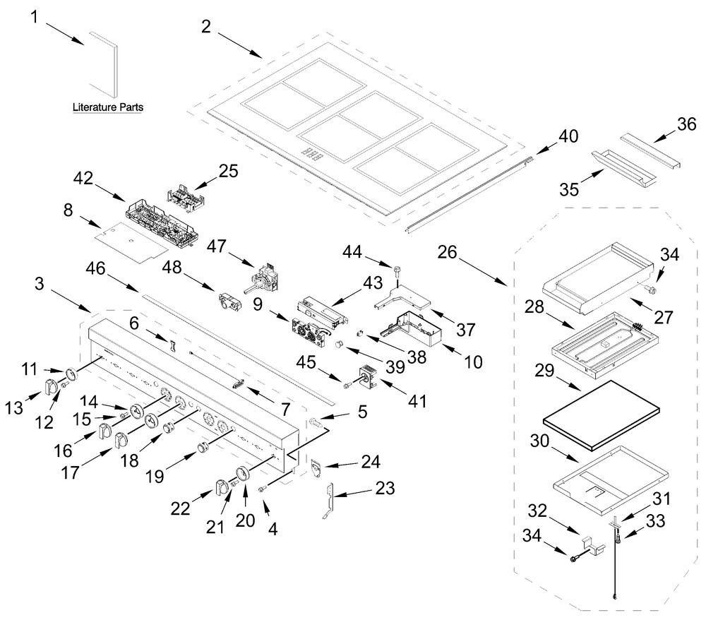 Cooktop, Console, And Griddle Parts Diagram and Parts List for JPIGC748RM00  Whirlpool Range