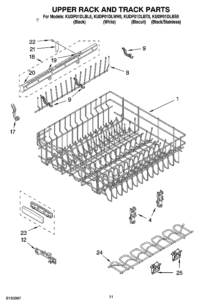 UPPER RACK AND TRACK PARTS Diagram and Parts List for KUDP01DLBL5  KitchenAid Dishwasher