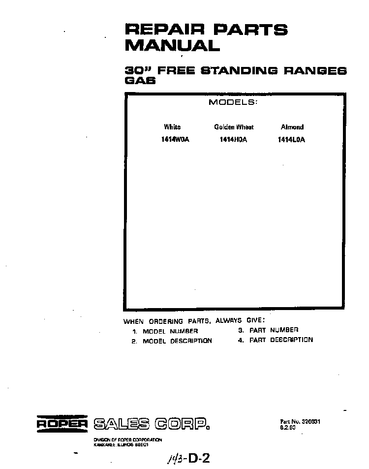 Front Cover Diagram and Parts List for 1414*0A  Roper Range