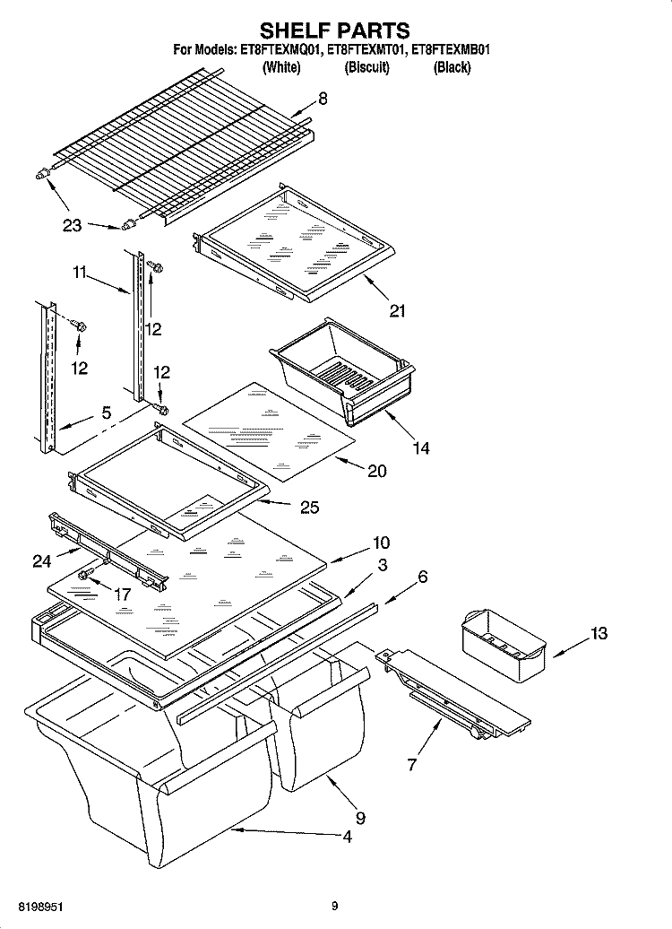 SHELF PARTS, OPTIONAL PARTS Diagram and Parts List for ET8FTEXMB01  Whirlpool Refrigerator